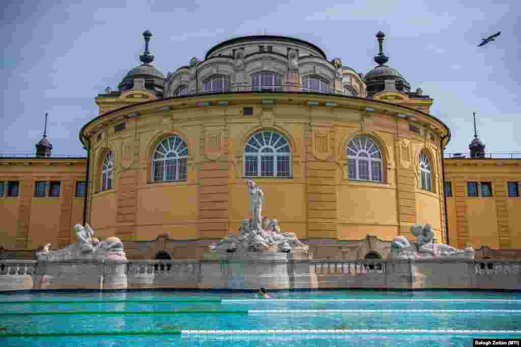 Egy látogató úszik a fővárosi Széchenyi fürdőben 2021. május 1-jén. Ezen a napon kezdték el újra megnyitni a koronavírus-járvány miatt bezárt budapesti fürdőket.
