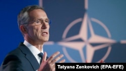 BELGIUM -- NATO Secretary-General Jens Stoltenberg gives a press conference at the end of the North Atlantic Council during a NATO Summit in Brussels, July 11, 2018