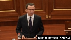 Kosovo's acting Prime Minister Albin Kurti addresses parliament on October 26, 2025.
