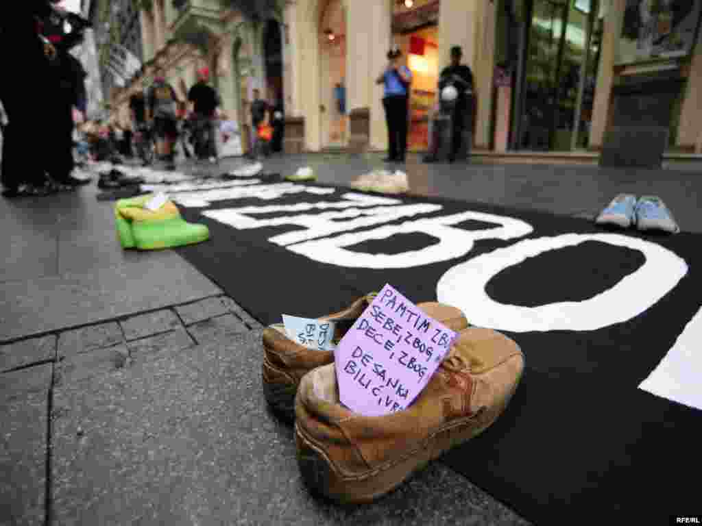 In Belgrade, shoes with messages stuffed inside them formed a makeshift memorial to the victims.