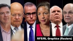 A composite file photo of former heads and operatives of U.S. intelligence services whose security clearance the White House is threatening to revoke. (Left to right: James Comey, James Clapper, Andrew McCabe, Susan Rice, John Brennan, Michael Hayden) 