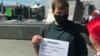 A single picketer demonstrates in support of journalists who have been deemed to be foreign agents by Russian authorities, in Novosibirsk, on July 16. 