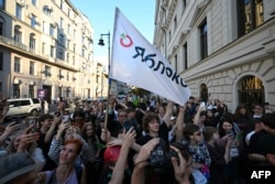 Supporters of the Yabloko party crowd outside the Russian Supreme Court in Moscow last month.