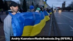 Ukrainians in the city of Lugansk demonstrate in January in support of the Euromaidan protests in the capital, Kyiv, and elsewhere.