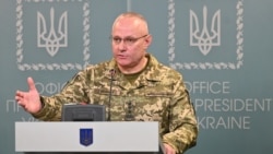 General Ruslan Khomchak, military commander of the Armed Forces of Ukraine, speaks at a briefing in Kyiv on February 18, 2020.