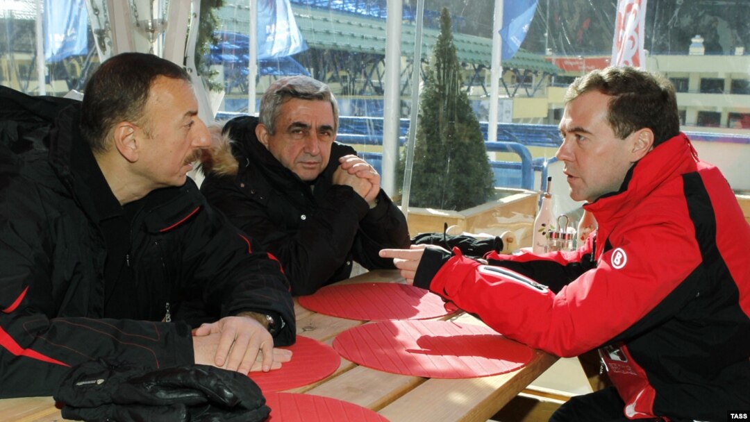 Russian President Dmitry Medvedev (right) meets with his Azerbaijani and Armenian counterparts Ilham Aliyev (left) and Serzh Sarkisian in the Russian ski resort of Krasnaya Polyana on March 5.