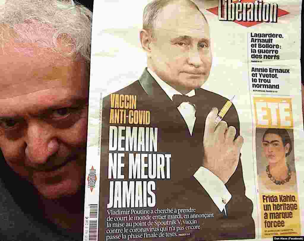 РУСИЈА - Рускиот претседател Владимир Путин се самоизолираше откако неколку од неговите најблиски соработници биле позитивни на тестот на коронавиру. Кремљ соопшти дека Путин бил целосно вакциниран со руската вакцина против коронавирус Спутник В. (На фотографијата - Насловната страница на францускиот весник Либерасион со ставот на Путин за вакцините против Ковид-V).