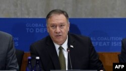 US Secretary of State Mike Pompeo delivers remarks at the Global Coalition to Defeat ISIS Small Group Ministerial, at the State Department in Washington, DC, on November 14, 2019. 