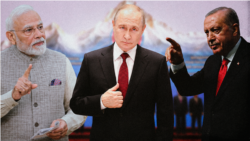 Нарендра Моди, Владимир Путин жана Режеп Тайып Эрдоган ШКУнун Бишкекте саммитинин фонунда жасалган коллаж  