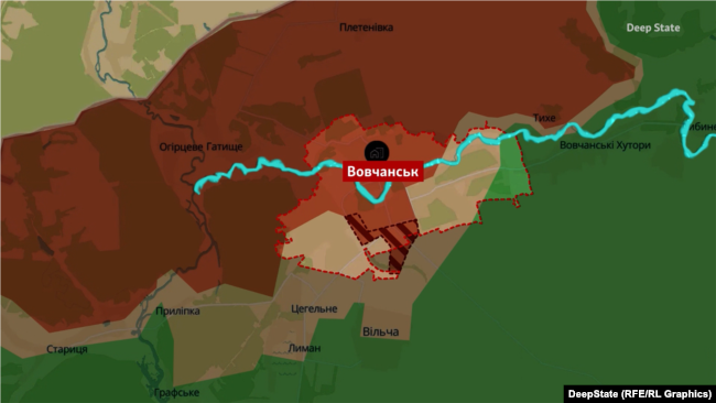 Вовчанськ, Харківська область, на мапі DeepState станом на 14 січня 2026 року