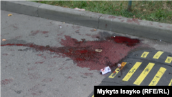 Blood on the street in Kyiv’s Borovky district following a shoot-out on September 2.