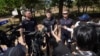 Ukrainian deminers hold a press briefing during a visit to the Peace Museum Mine Action in Siem Reap Province, northwestern Cambodia, on January 20.