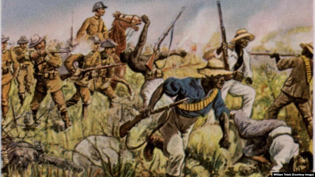 Germanii nimicesc tribul african Herero, pictură din 1904 de Richard Knötel (1857-1914). Acesta este considerat primul genocid din istoria modernă.