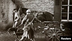 Эпизод Первой мировой: собака тянет колесницу с пулемётом. Бельгийские войска на севере Франции. Без даты.