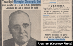 Pagina Ziarului Secera și Ciocanu din 20 martie anunța moartea lui Gheorghe Gheorghiu-Dej.