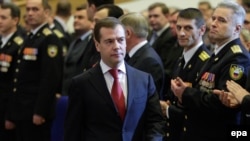 Russian President Dmitry Medvedev at a meeting of Federal Security Service (FSB) officers and veterans in Moscow in December 2009.