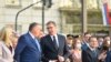 Anëtari serb i presidencës trepalëshe të Bosnjes, Milorad Dodik, presidenti i Serbisë Aleksandr Vuçiq dhe kryetari i parlamentit serb Ivica Daçiq. Beograd, 15 shtator 2021.