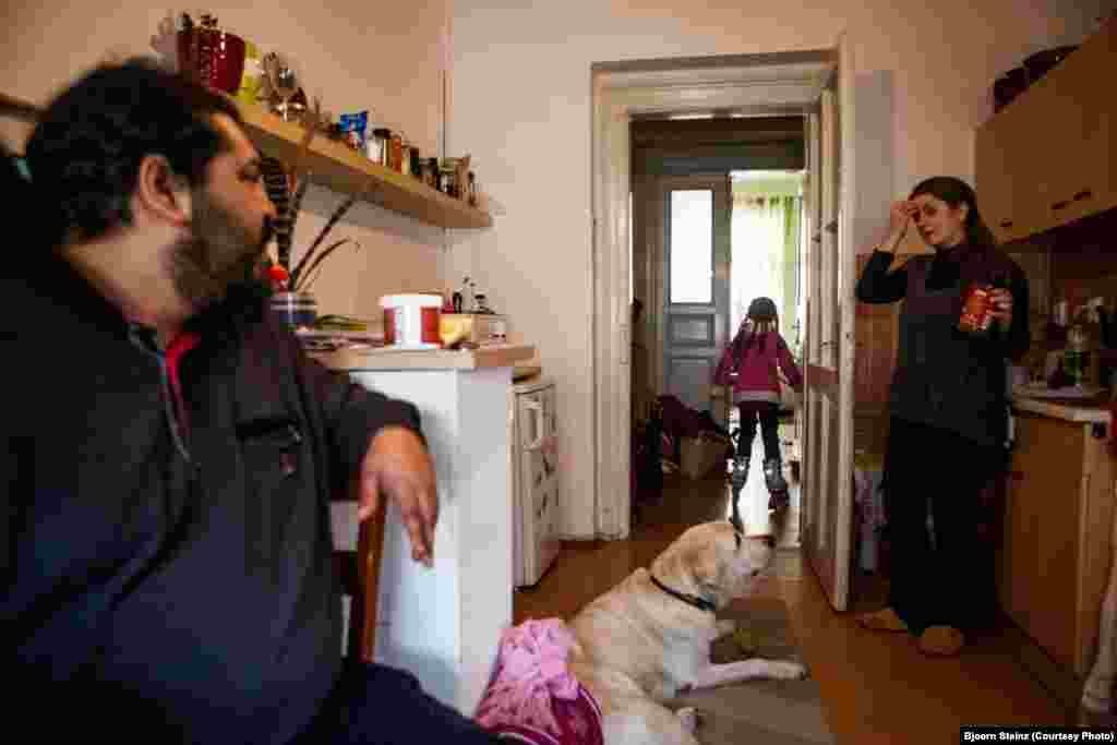 At home with his family in the Zizkov neighborhood of Prague