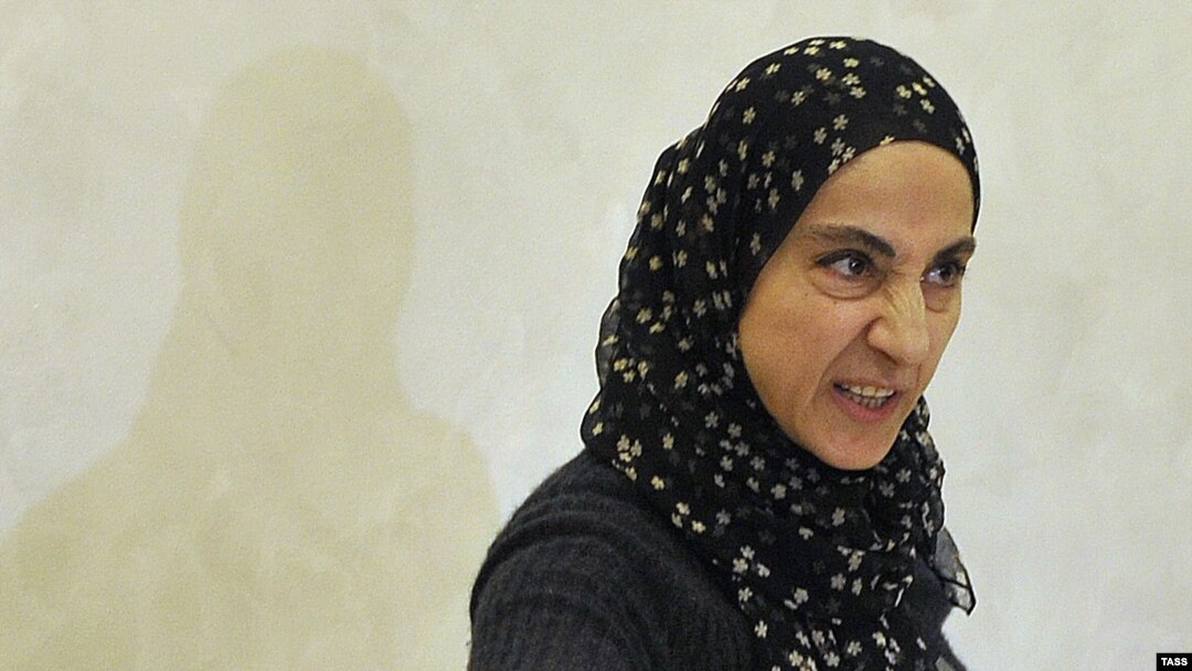 Zubeidat Tsarnaeva, mother of Boston Marathon bombing suspects Tamerlan and Dzhokhar Tsarnaev, at a news conference in Makhachkala, Daghestan on April 25. She has alleged a setup.