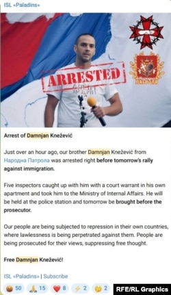 Informaacija o hapšenju Damnjana Kneževića na profilu ISL Paladins ( Telegram, oktobar 2025.)