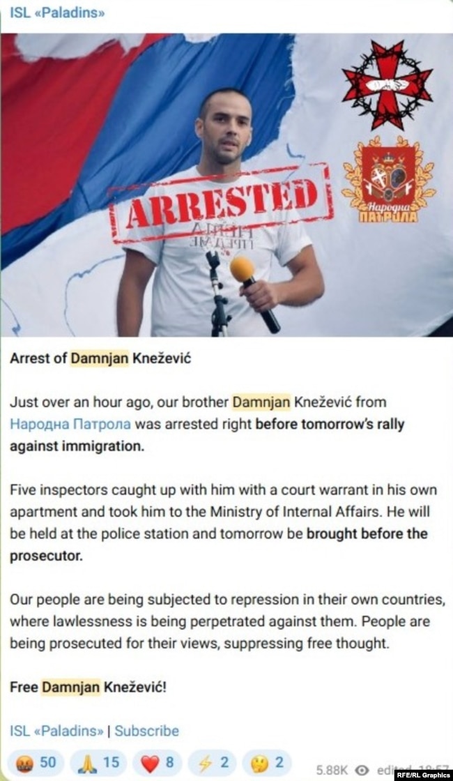 Informacioni për arrestimin e Damjan Knezheviqit në profilin e "ISL Paladins"-it (Telegram, tetor 2025).