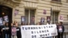 Activists protest against abuses of press freedoms outside the Turkmen Embassy in Paris in September