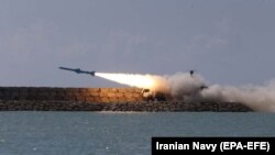 A handout photo made available by the Iranian Navy office shows Iranian navy test fires ground-to-ship short-range cruise missile Ghader during an Iranian navy military drill on the Sea of Oman, southern Iran, 23 February 2019.