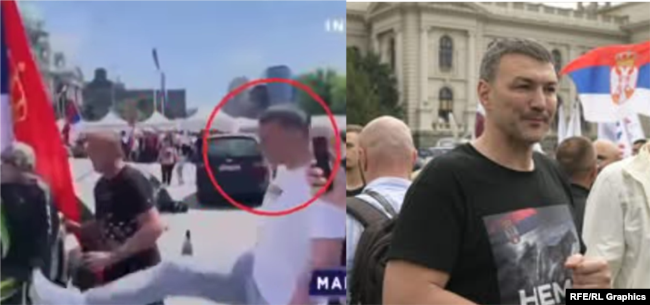 Vladimir Mandiq - në të djathtë, një sulm ndaj protestuesve antiqeveritarë në të majtë, në kampin pranë Parlamentit Serb.