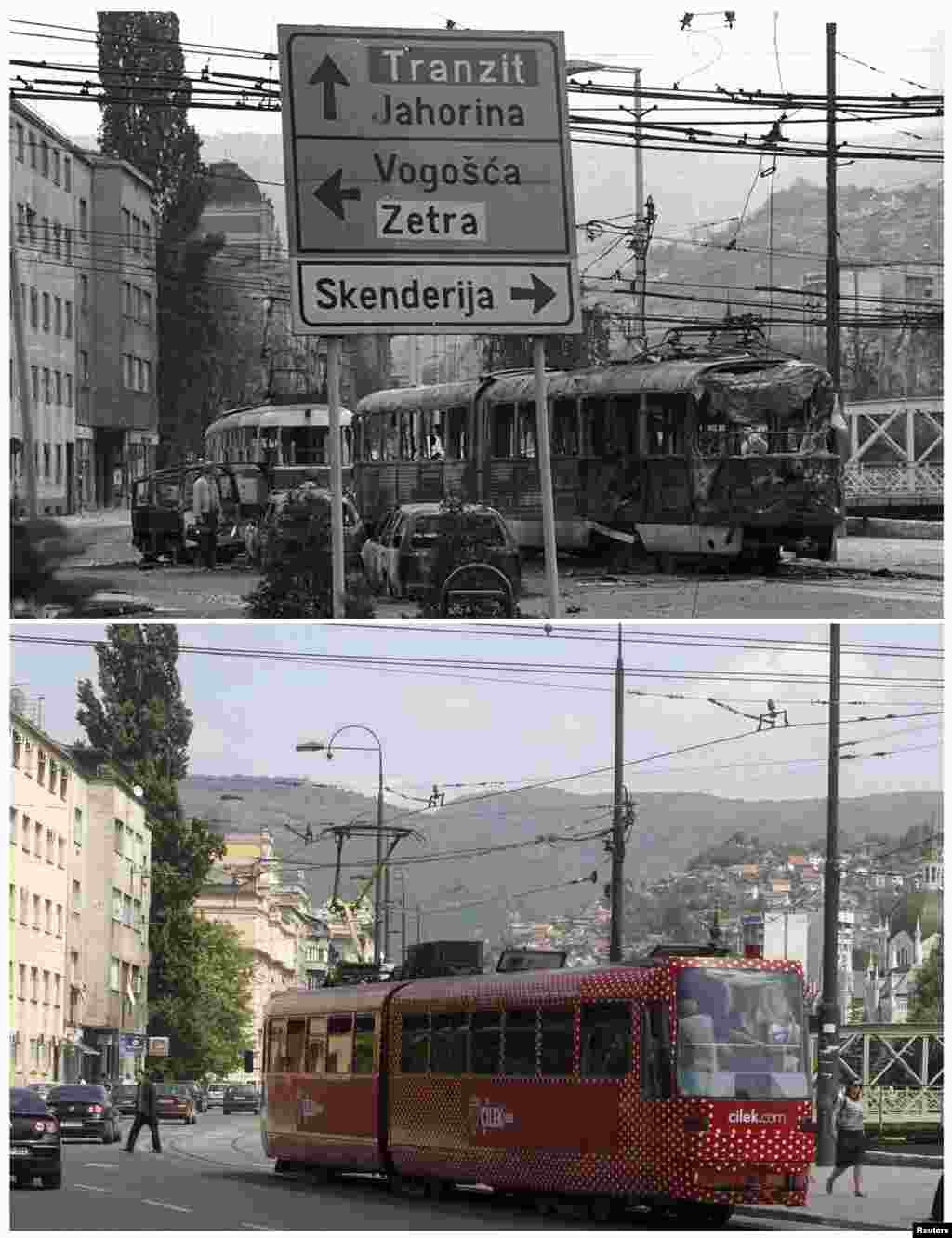 The wreckage of a tram is seen on a street following shelling in the Skenderija district in Sarajevo in March 1992. A tram travels down along the same street on May 30, 2011.