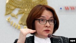 Central bank chief Elvira Nabiullina gives a press conference in Moscow on March 24.