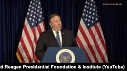 U.S. Secretary of State Mike Pompeo speaking to hundreds of Iranians invited to a gathering in California, in July.