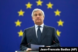 Președintele Parlamentului European, Antonio Tajani, anunță laureatul din 2018 al Premierului Saharov pentru Drepturile Omului, 25 octombrie 2018