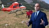 Колаж с министъра на транспорта Гроздан Караджов пред един от медицинските хеликоптери, купени от България.