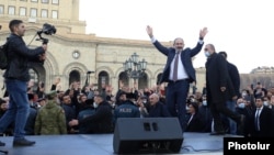 Armenian Prime Minister Nikol Pashinian speaks to supporters on Yerevan's Republic Square on February 25.
