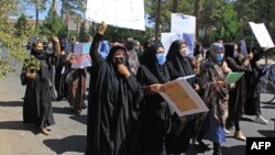 Afghan women protest in Herat on September 2.