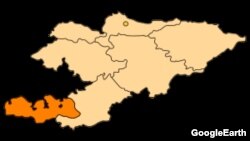 Кыргызстандын картасы. Баткен облусу бөлүп көрсөтүлгөн.