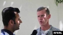 U.S. General Stanley McChrystal speaks with RFE/RL today in Kabul.