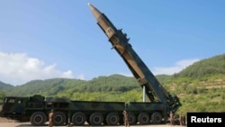 The intercontinental Hwasong-14 ballistic missile is seen in this undated photo released by North Korea's Korean Central News Agency 