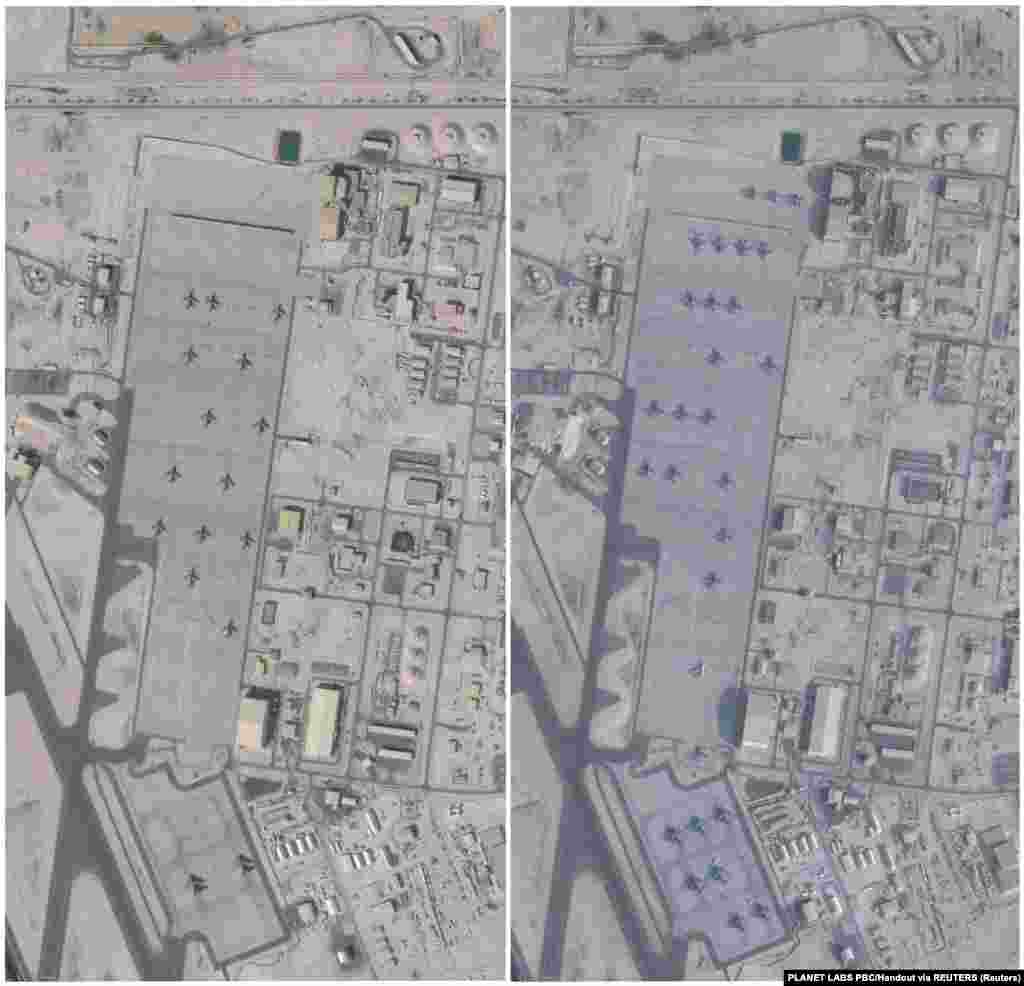 Recent images appear to show a large buildup of military hardware at bases of US allies in the Middle East. These photos appear to show an increase in the number of aircraft seen at the Al-Udeid Air Base in Qatar on January 17 (left) and February 1.