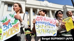 Во время акции возле парламента Украины в поддержку закона «Об обеспечении функционирования украинского языка как государственного». Киев, 25 апреля 2019 года