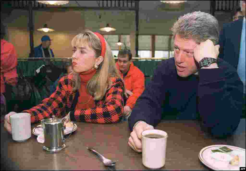 Hillary and Bill Clinton, then governor of Arkansas, take a break during Bill&#39;s presidential campaign tour in February 1992. Bill Clinton was inaugurated as president in January 1993. &nbsp;