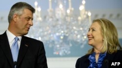 U.S. Secretary of State Hillary Clinton (right) and Kosovar Prime Minister Hashim Thaci in Washington on April 4