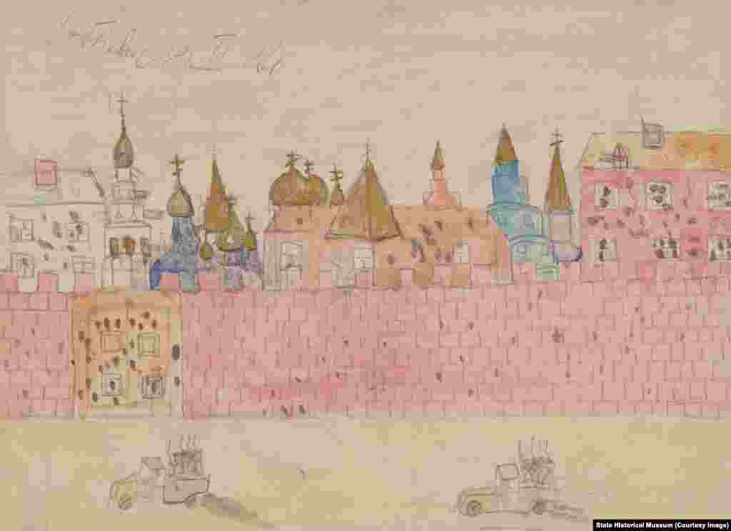Детские рисунки помогут более точно понять настроения того времени, осознать масштабы раскола в сознании общества и увидеть новые явления в повседневной жизни: митинги, многочисленный очереди в магазины, повсеместное присутствие военных. Добкевич. "Обстрел Кремля".