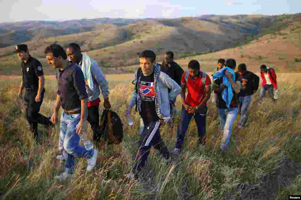 Migrants are escorted by a Serbian border officer near the southern town of Presevo after being caught illegally entering the country from Macedonia.&nbsp;