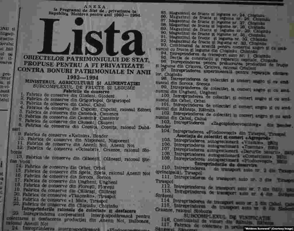 &quot;Moldova Suverană, 22 iunie 1993, proprietăţi de stat scoase la privatizare