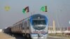 A train arrives on the newly built railway line between Turkmenistan and Afghanistan.