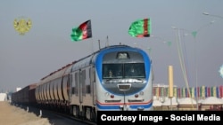 A train arrives on the newly built railway line between Turkmenistan and Afghanistan.