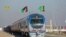 A train arrives on the newly built railway line between Turkmenistan and Afghanistan.