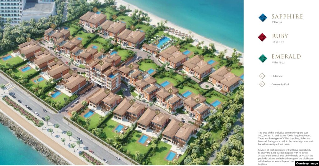 Виллы в "22 каратах" представлены в трех категориях по мере удаленности от моря. На первой линии расположены резиденции "Сапфир", далее следуют "Рубин" и "Изумруд". Изображение из рекламного проспекта комплекса