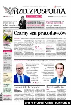 Перша шпальта газети Rzeczpospolita з провідною статтею «Чорний сон працедавців»